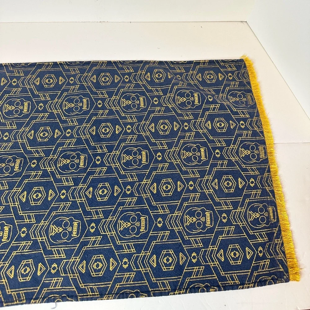 Joann Navy Blue and Gold Skull Aztec Print Mantle Scarf Decor With Gold Fringe